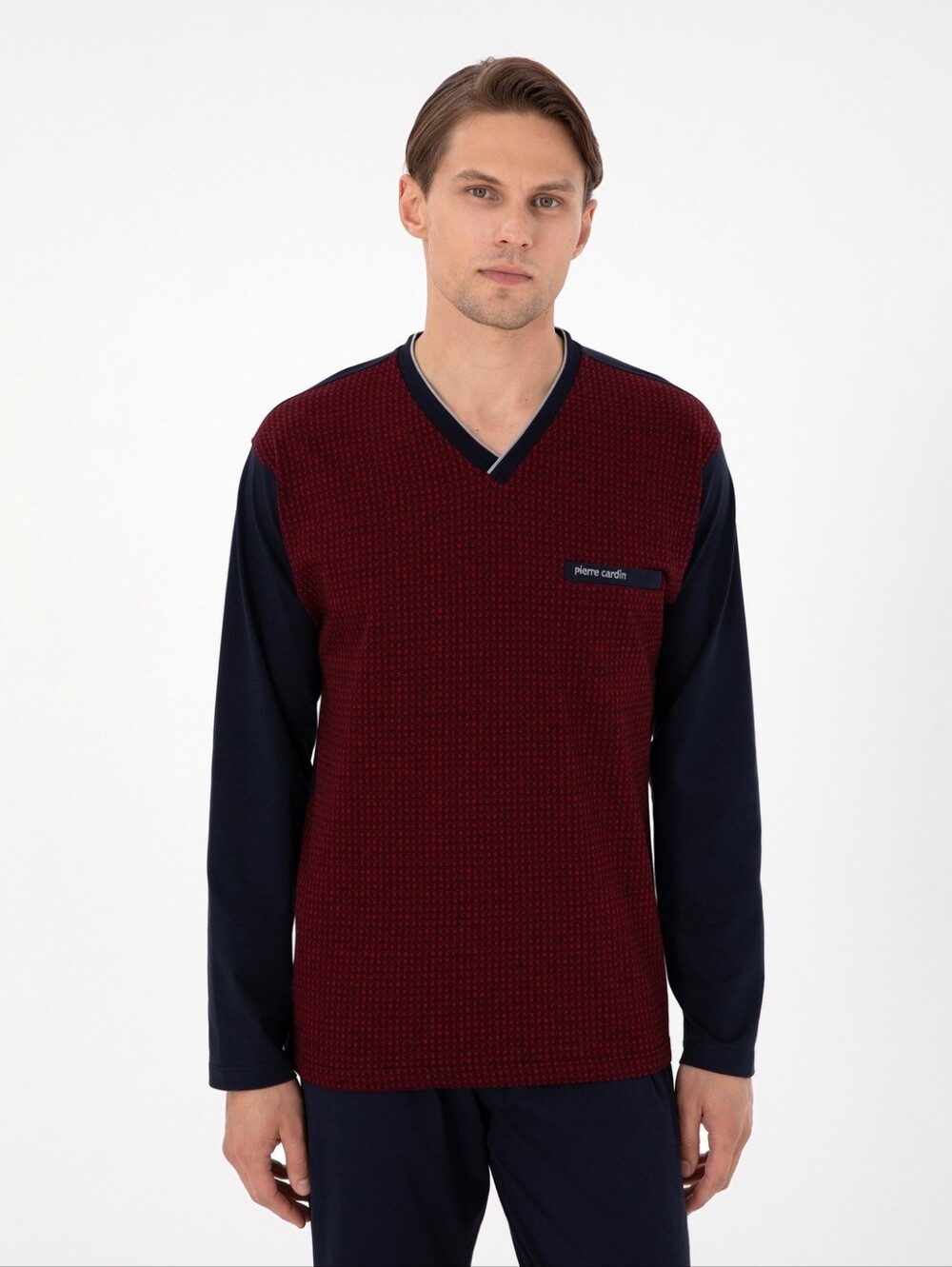 Pierre Cardin V-Neck Pajamas in Burgundy and Navy